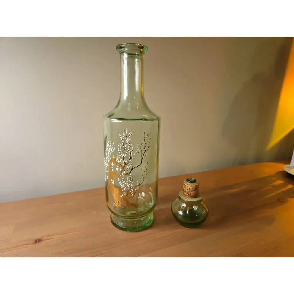 Vintage 1960's Green Willow Glass Liquor Decanter Gold Tree White Blossom 12